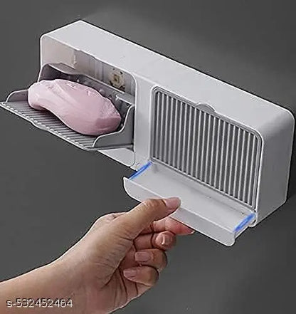 QUINZEE Clamshell Soap Box Wall-Mounted with Cover, Double Grid-Asphalt Toilet Laundry Soap Draining Rack Bathroom Soap Holder (Pack of 1)