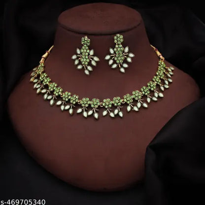 Mendigold Gold Polished White & Black AD Choker Necklace Jewelry Set and Matching Pair Of Earring