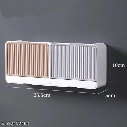 QUINZEE Clamshell Soap Box Wall-Mounted with Cover, Double Grid-Asphalt Toilet Laundry Soap Draining Rack Bathroom Soap Holder (Pack of 1)