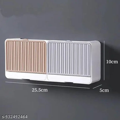 QUINZEE Clamshell Soap Box Wall-Mounted with Cover, Double Grid-Asphalt Toilet Laundry Soap Draining Rack Bathroom Soap Holder (Pack of 1)