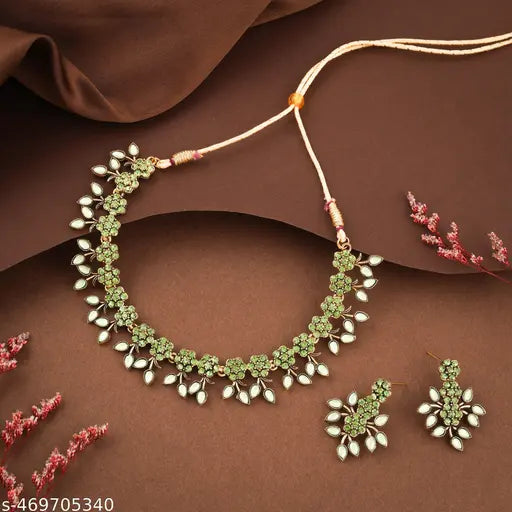 Mendigold Gold Polished White & Black AD Choker Necklace Jewelry Set and Matching Pair Of Earring