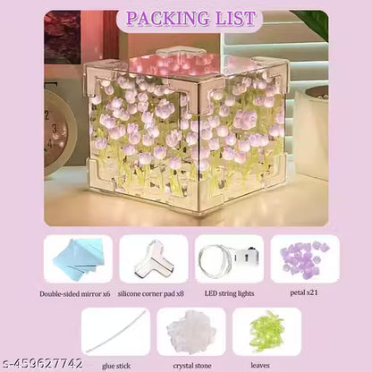 IKIME Acrylic Diy - Do It Yourself - Tulip Cube Mirror Lamp, 30 Flowers Led Decorative Lamp, 2 In 1 Mirror & Table Ornaments For Bedroom Livingroom Desktop Decor Birthday Gift multicolor